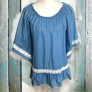 Khakis & Co Chambray Boatneck Crochet Trimmed Bell Sleeve Top‎